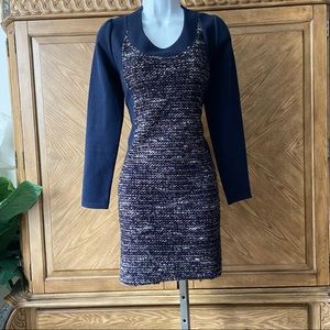 Navy Gray gold boucle Sweater knit mini dress